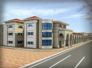 واجهة طويلة بمحلات وأروقة مقوسة في تصميم السوق
